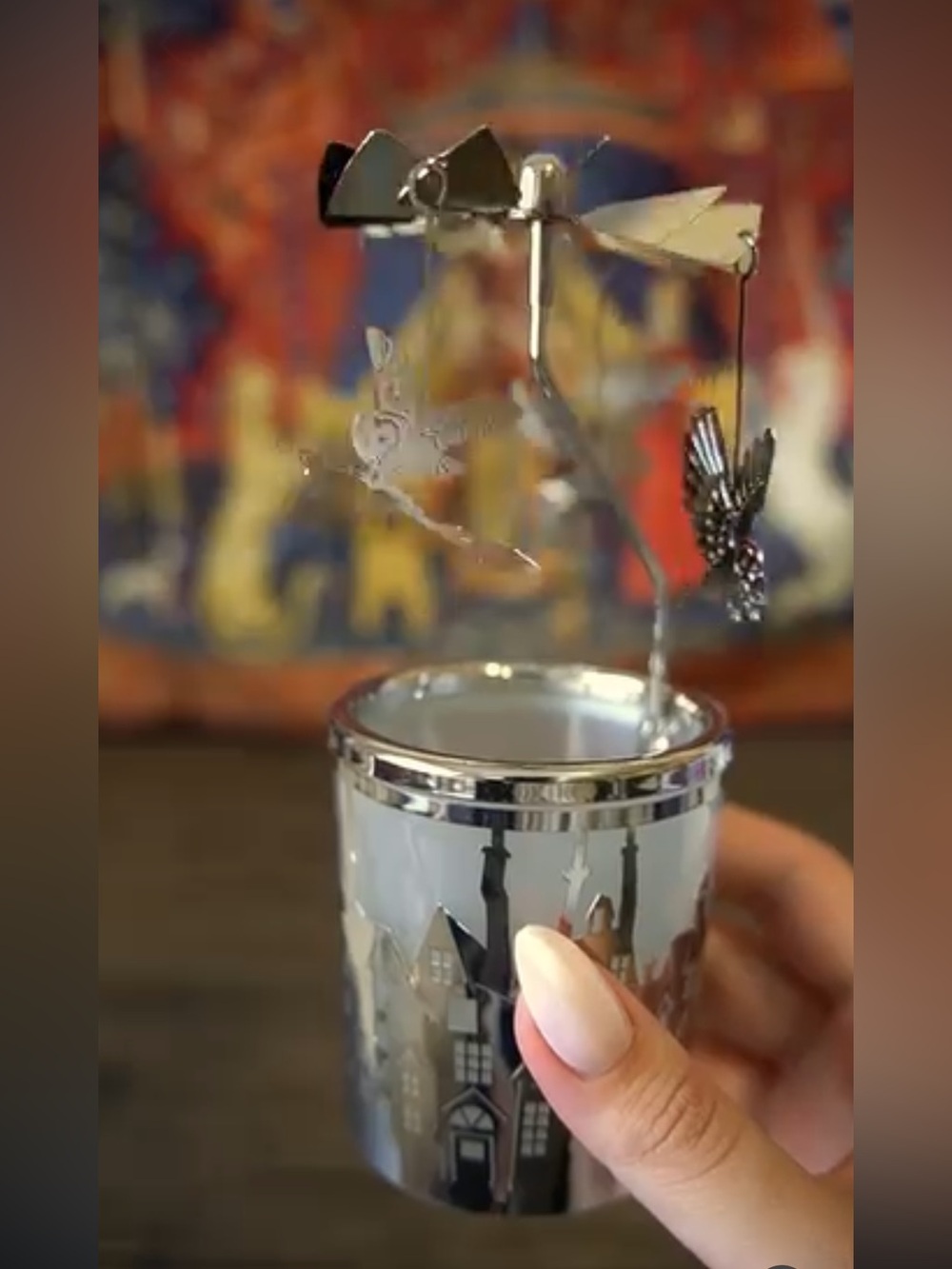 Silver Rotating Tealight Candle Holder with Hanging Owl Charms - Harry Potter